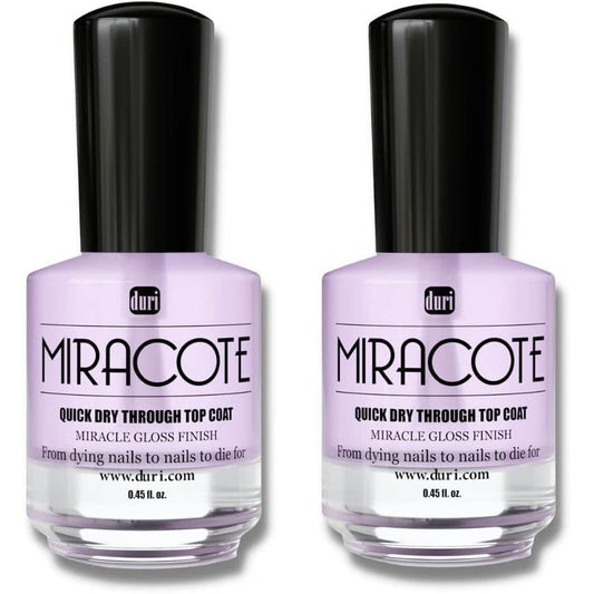 Duri Miracote Quick Dry Top Coat pack of two front view clear glass bottles showing brand logo.
