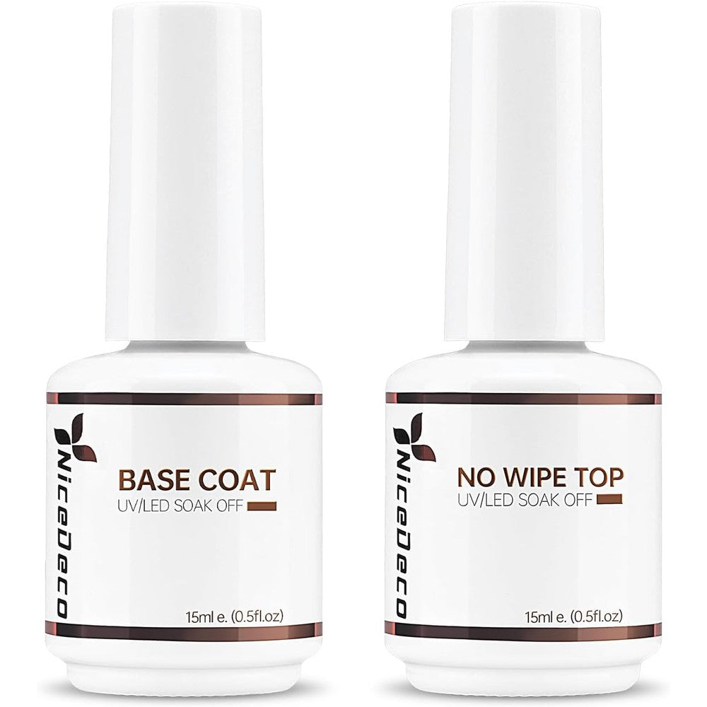 Nicedeco Hema Free No Wipe Gel Top Coat and Base Coat Set front view showcasing the two fifteen milliliter salon bottles.