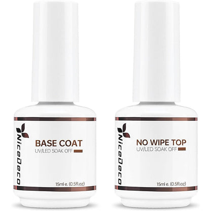 Nicedeco Hema Free No Wipe Gel Top Coat and Base Coat Set front view showcasing the two fifteen milliliter salon bottles.