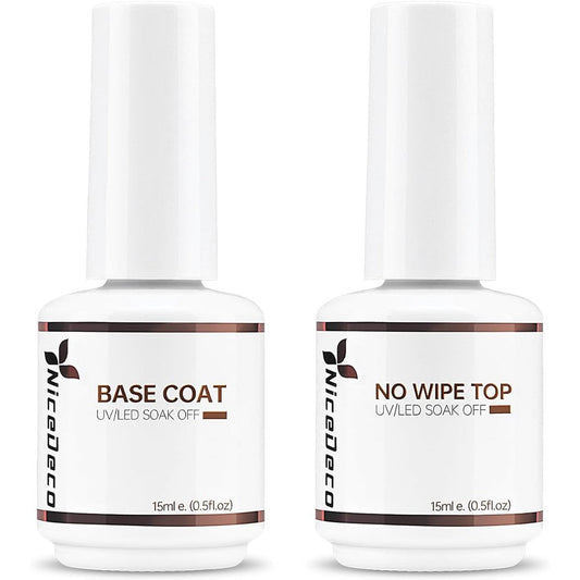 Nicedeco Hema Free No Wipe Gel Top Coat and Base Coat Set front view showcasing the two fifteen milliliter salon bottles.