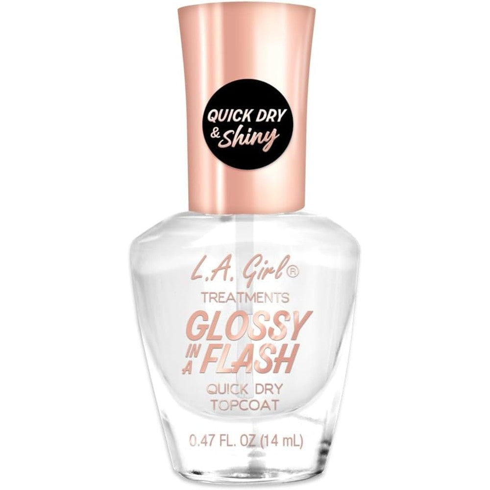 L.A. Girl Glossy in a Flash Quick Dry Top Coat GNT42 front view bottle with wide brush applicator for gel-like shine manicure.