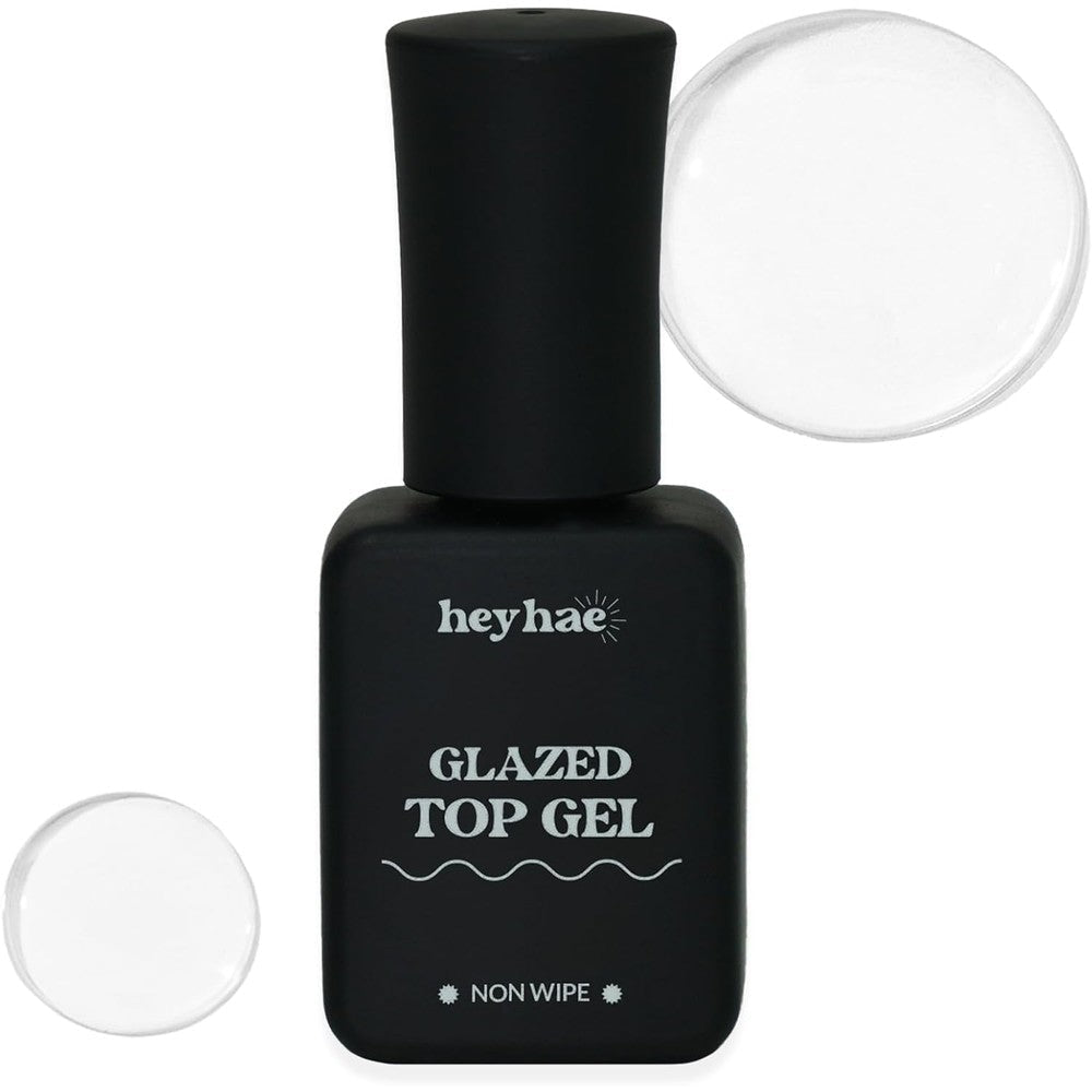 Heyhae Glazed Top Gel front view of bottle for high gloss gel manicures.