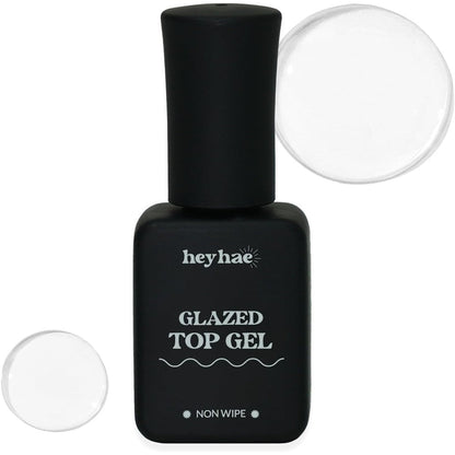 Heyhae Glazed Top Gel front view of bottle for high gloss gel manicures.