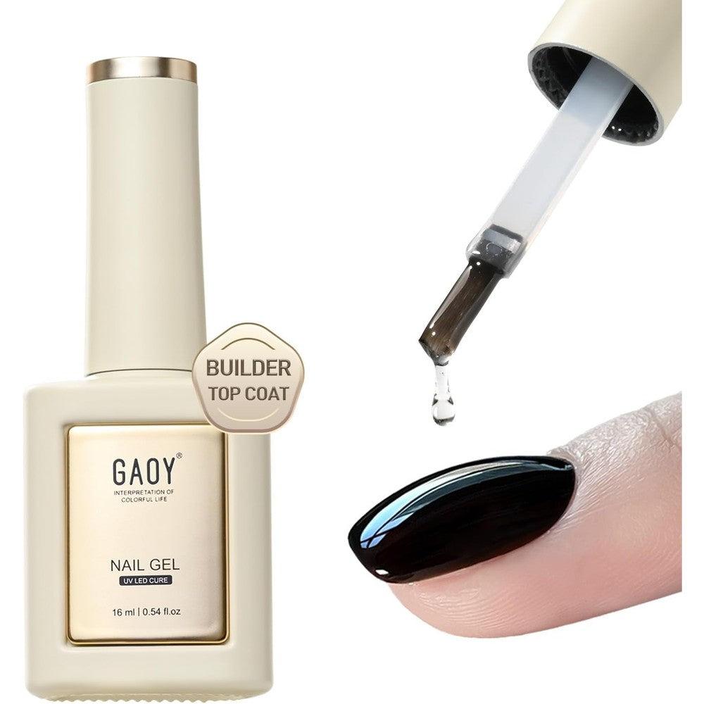 GAOY Builder Top Coat Gel 16 milliliter front view bottle showing clear rubber hard gel branding.