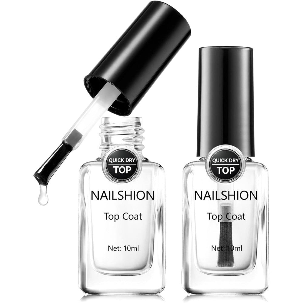 Nailshion clear nail polish glossy top coat two pack front view showcasing premium packaging for salon grade manicures.