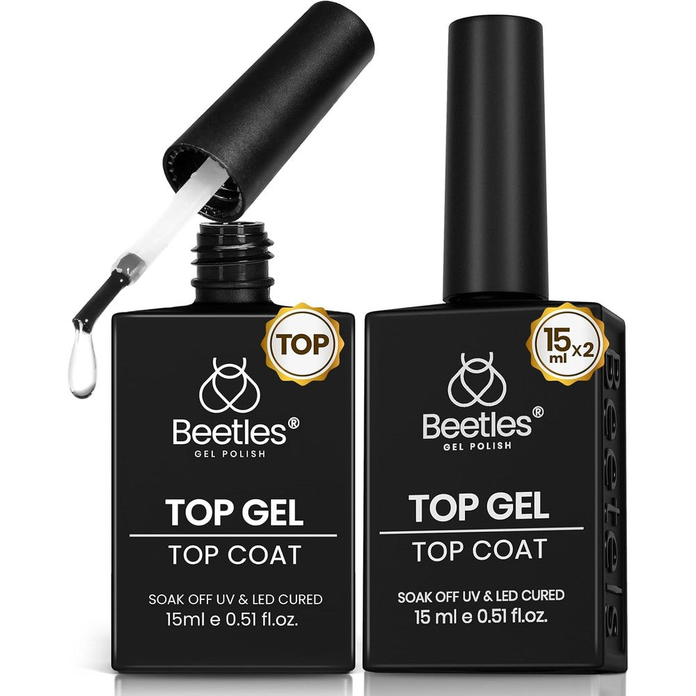 Beetles Gel Polish No Wipe Top Coat front view of two pack fifteen milliliter bottles.