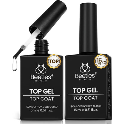 Beetles Gel Polish No Wipe Top Coat front view of two pack fifteen milliliter bottles.