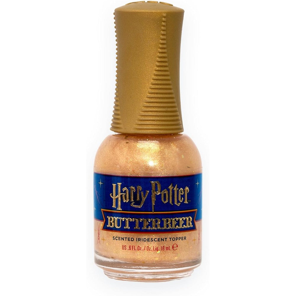 Orly Harry Potter Butterbeer Iridescent Topper front view bottle showing sheer gold shimmer and holographic confetti.