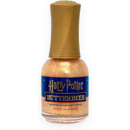Orly Harry Potter Butterbeer Iridescent Topper front view bottle showing sheer gold shimmer and holographic confetti.