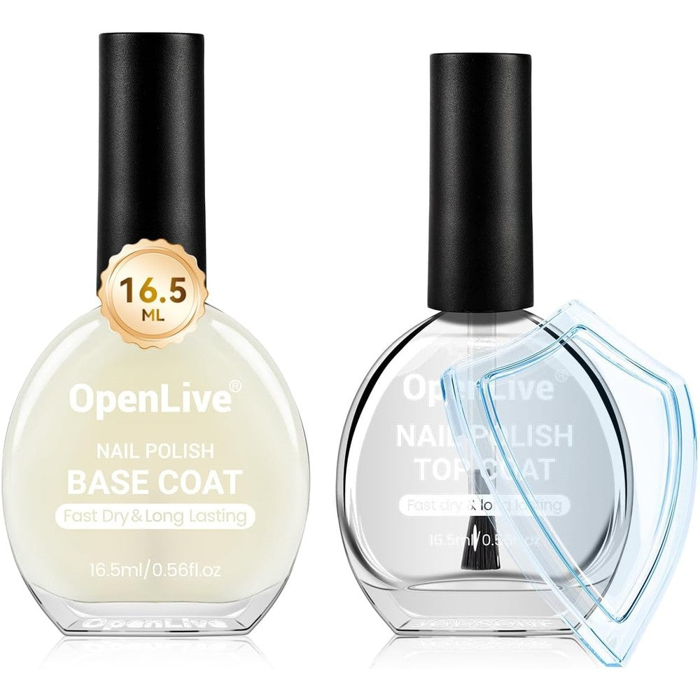 OpenLive Base and Top Coat Nail Polish front view showing the two large capacity bottles.