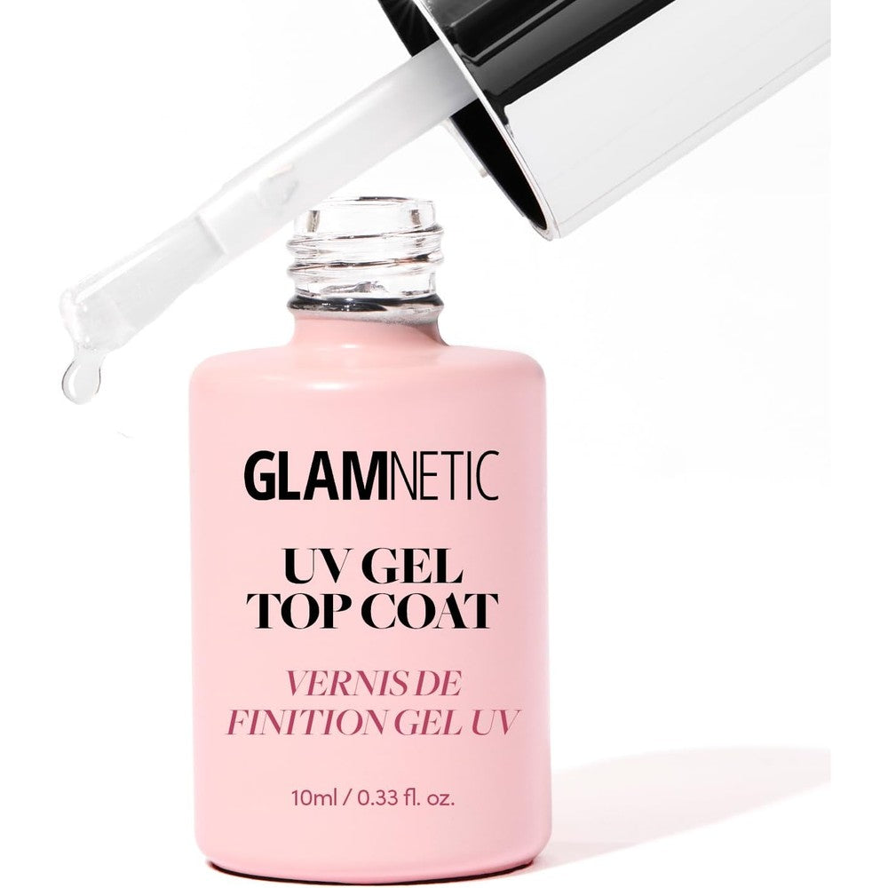 Glamnetic UV Gel Clear Top Coat front view bottle with shiny silver cap