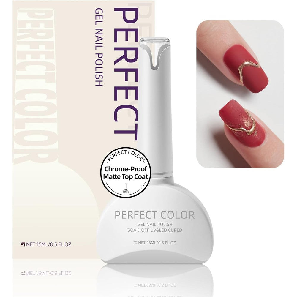PERFECT COLOR Chrome-Proof Matte Top Coat bottle front view for professional nail art.