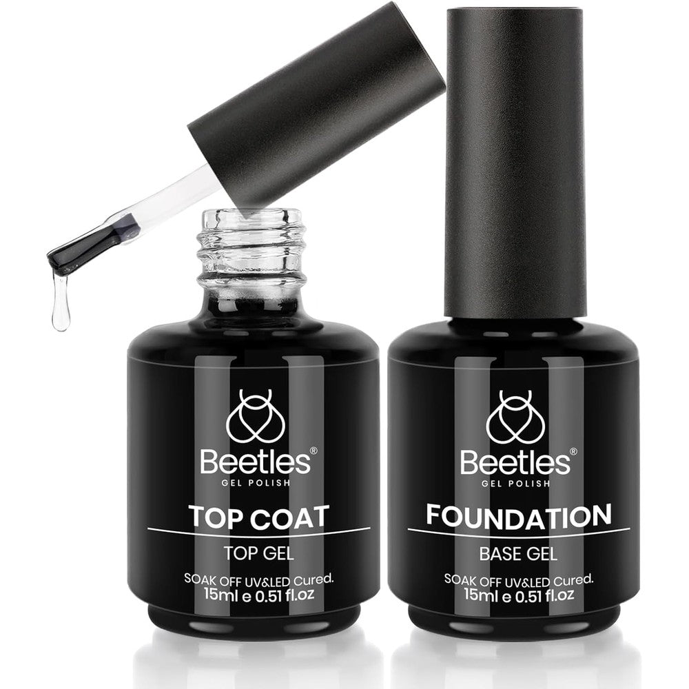 Beetles Gel Polish base coat and top coat bottles front view clear gloss manicure kit