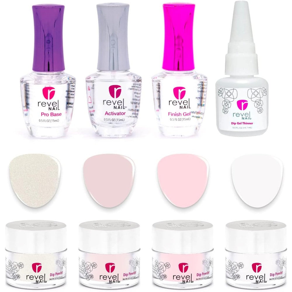 Revel Nail Dip Powder Starter Kit with four jars of French manicure colors and treatment liquids