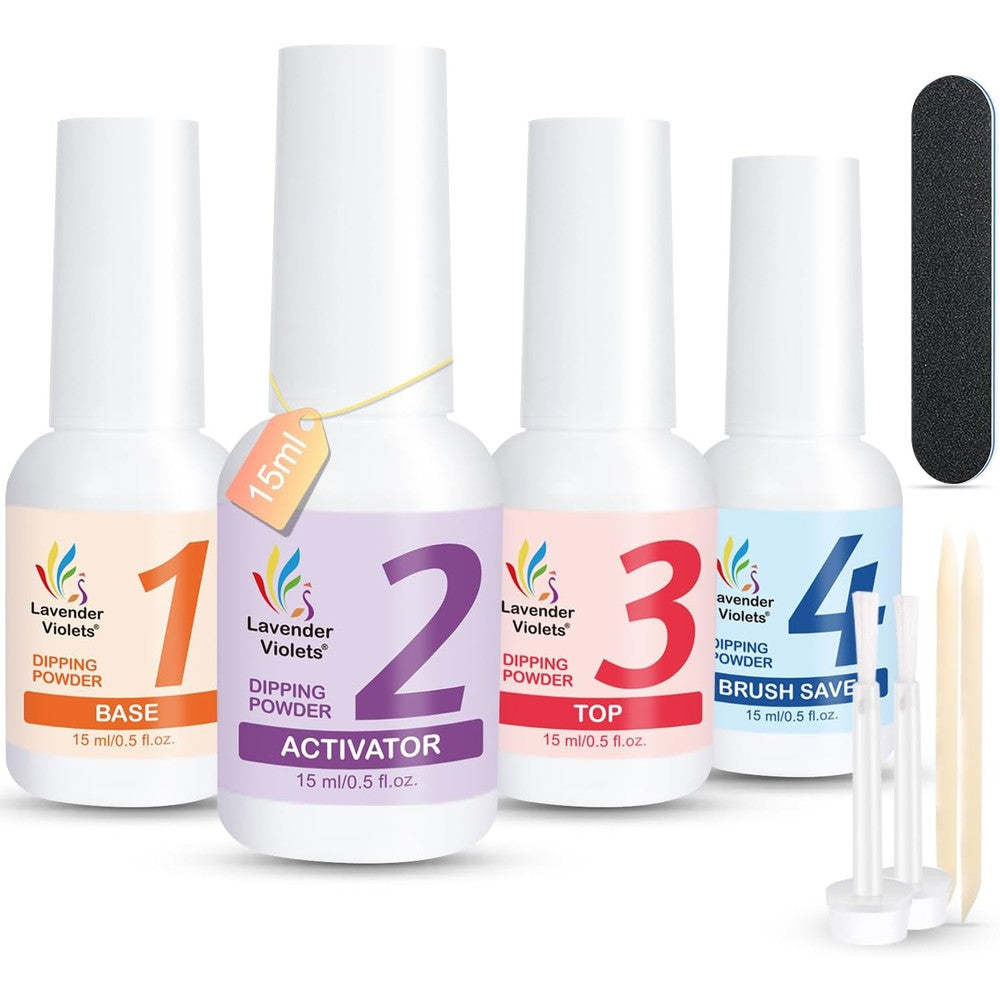 Lavender Violets Dip Powder Liquid Set featuring four essential treatment bottles for manicures