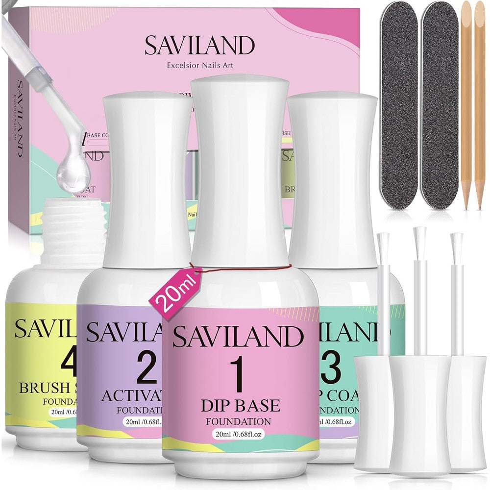 SAVILAND Dip Powder Liquid Set featuring four 20ml bottles for base top and activator steps