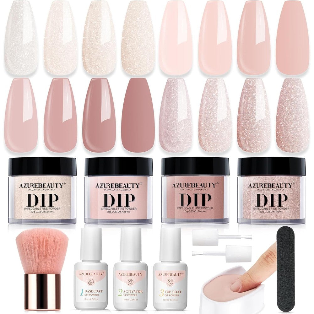 AZUREBEAUTY Dip Powder Nail Kit Starter featuring 4 color jars and a recycling tray system
