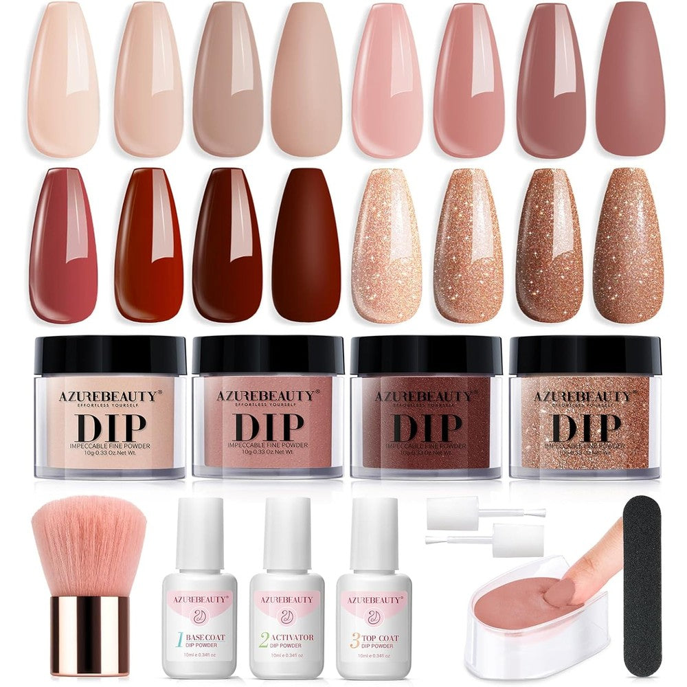 AZUREBEAUTY Dip Powder Nail Kit Starter with 4 color jars and essential liquid glazes