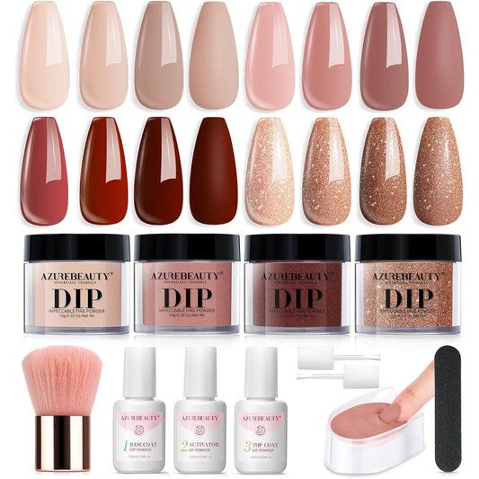 AZUREBEAUTY Dip Powder Nail Kit Starter with 4 color jars and essential liquid glazes