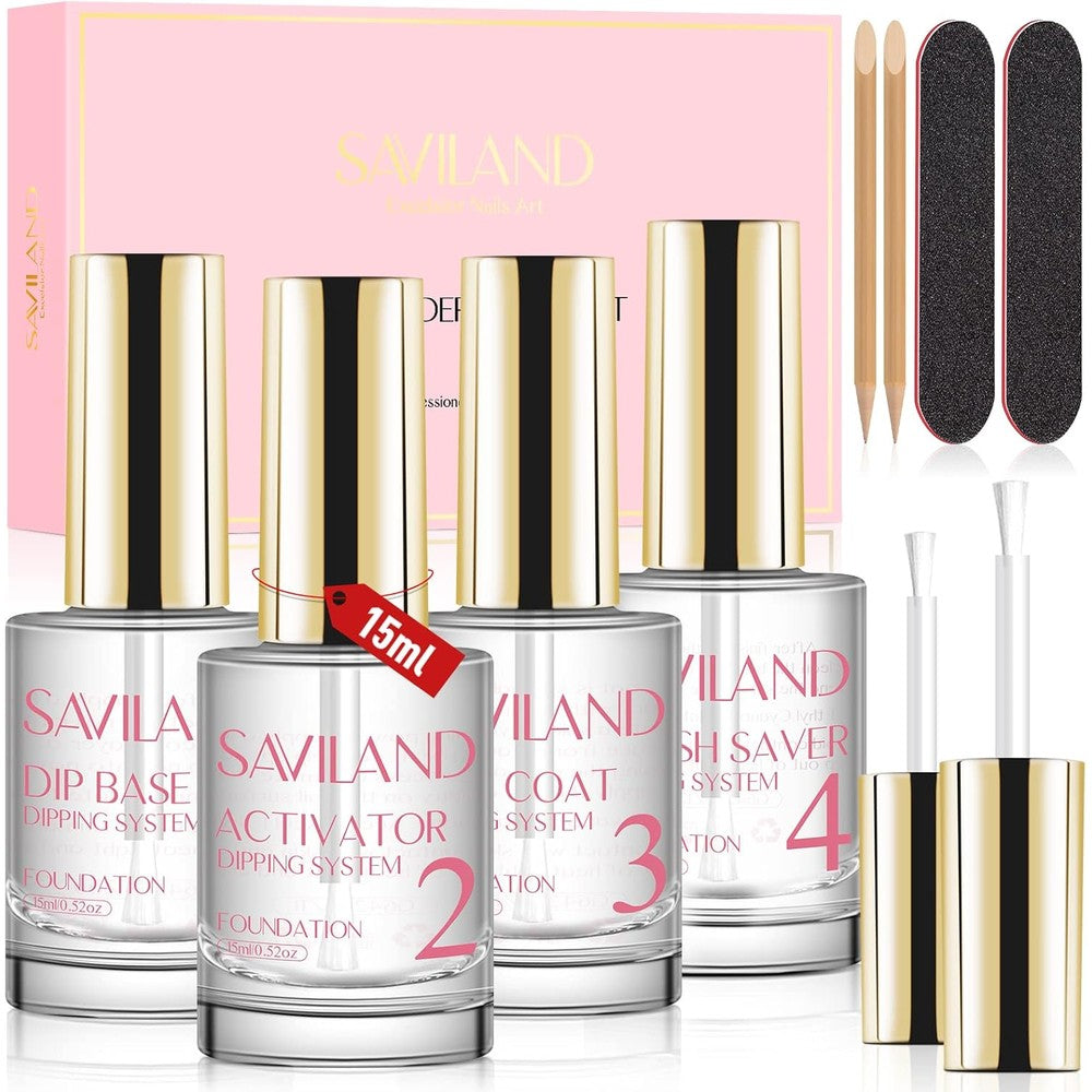 SAVILAND Dip Powder Liquid Set featuring 15ml bottles of base top coat and activator