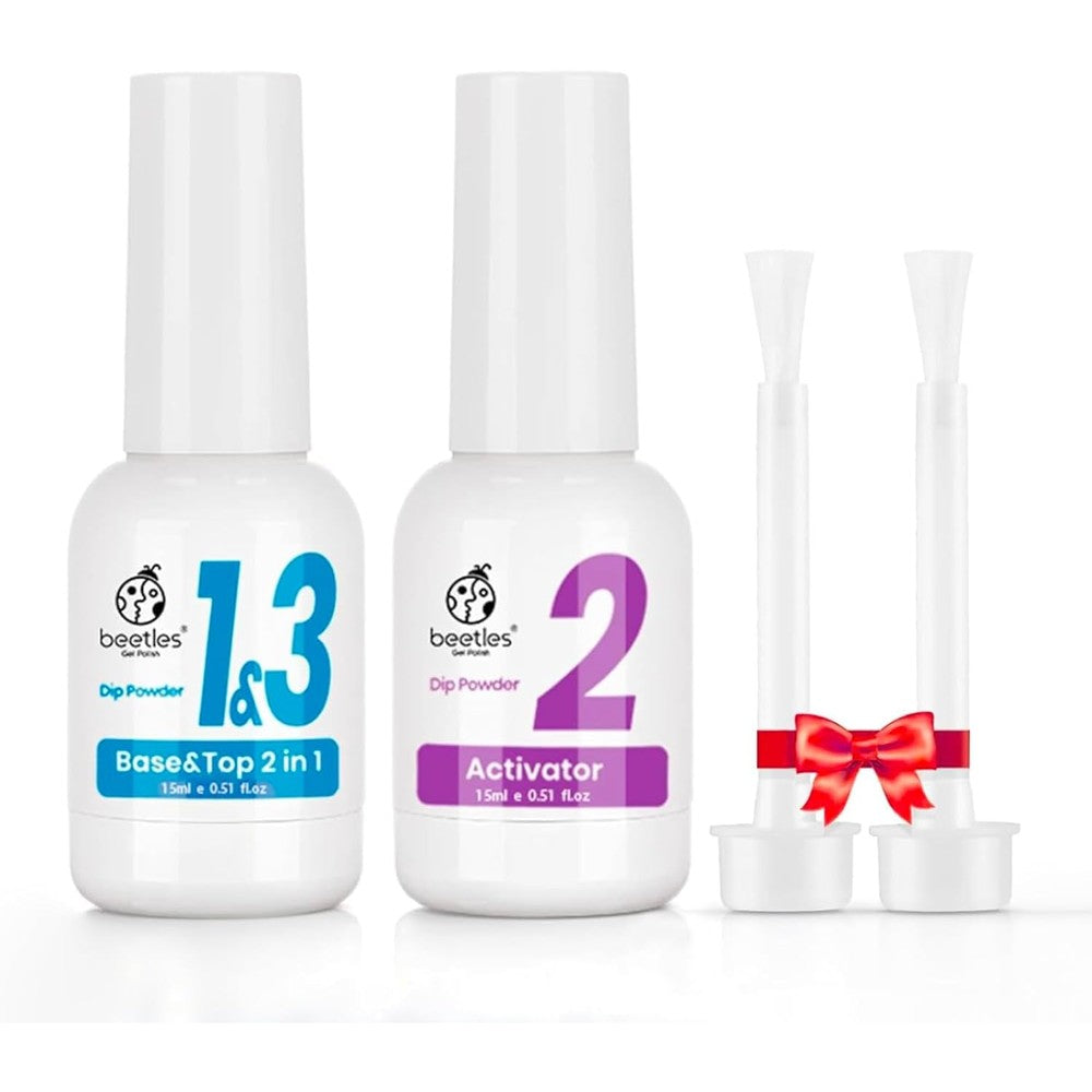 Beetles Dip Powder Liquid Set featuring 15ml bottles of 2 in 1 base top coat and activator