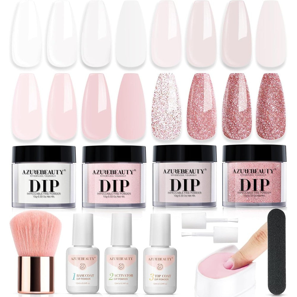 AZUREBEAUTY Dip Powder Nail Kit with 4 nude pink glitter jars and liquid set