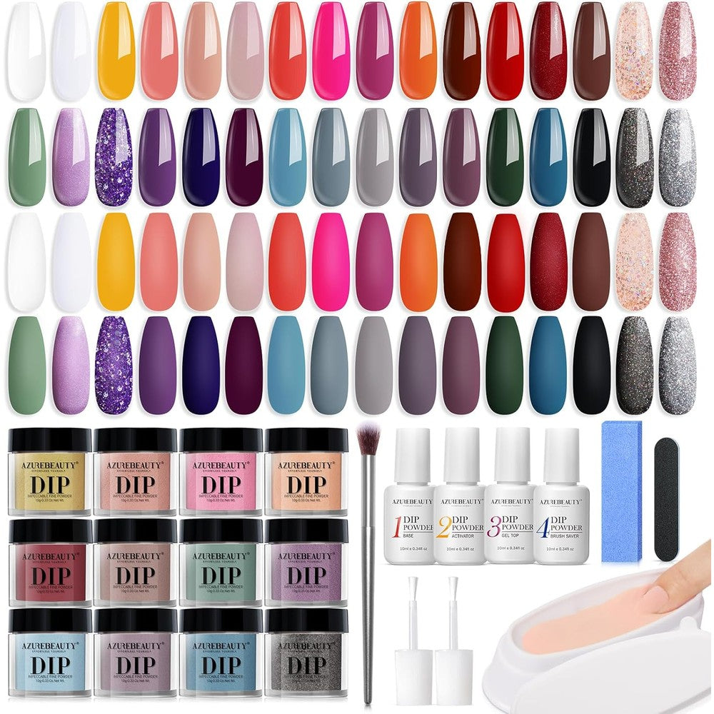 AZUREBEAUTY Dip Powder Nail Kit front view showing forty-two piece starter system with thirty-two color jars and essential liquids.