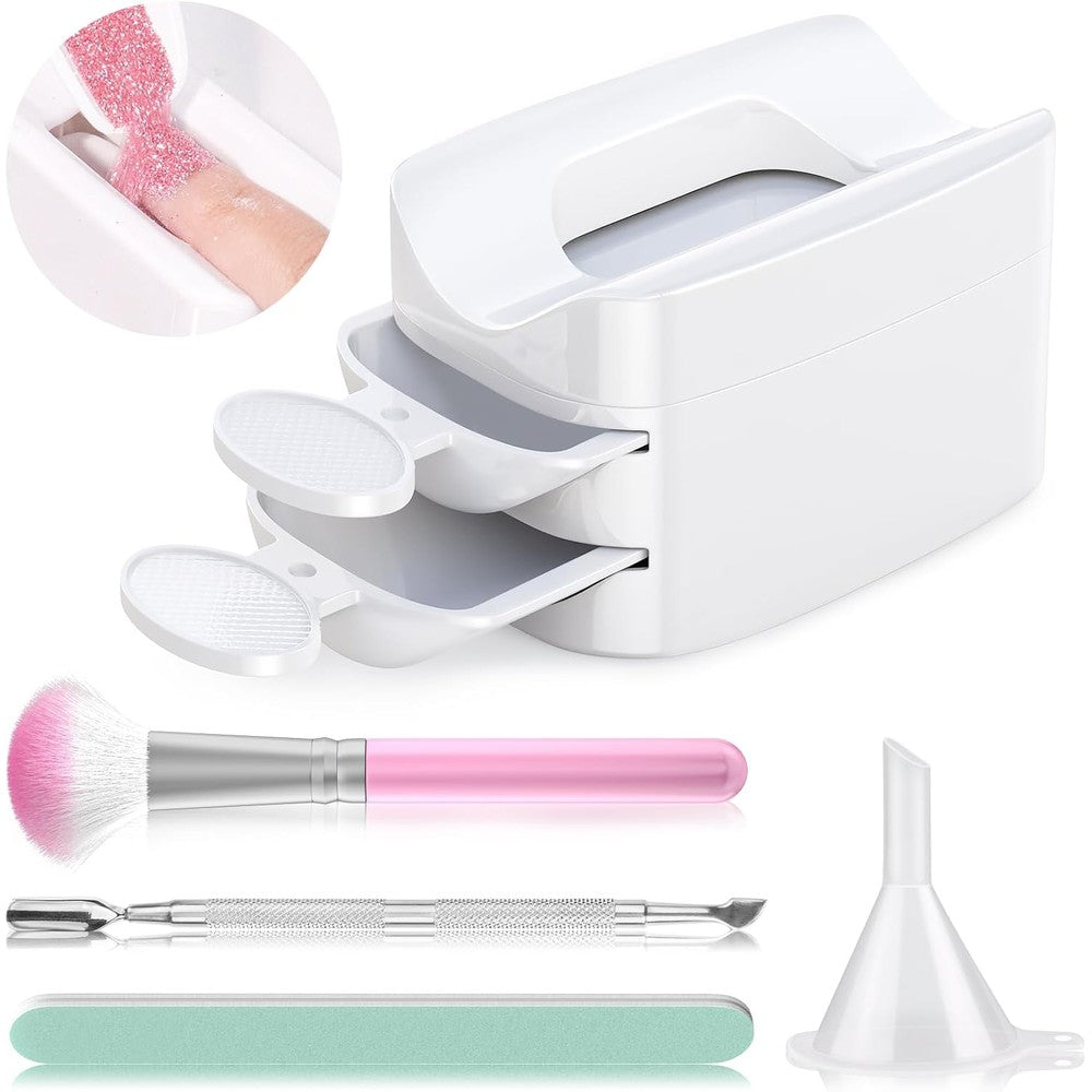Gefaxi dip powder recycling tray system starter set front view showcasing the white dual layer container and accessories.