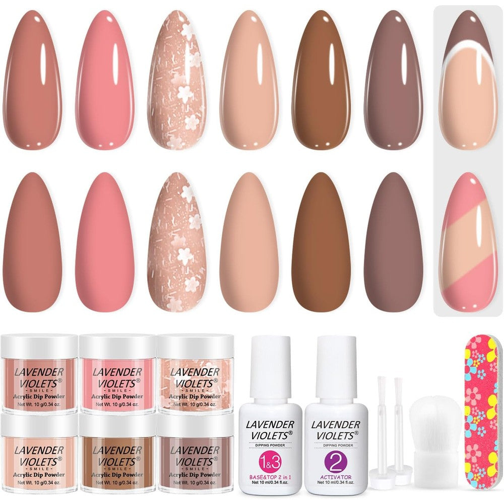 Lavender Violets 12 piece dip powder nail kit with 6 nude pink neutral colors
