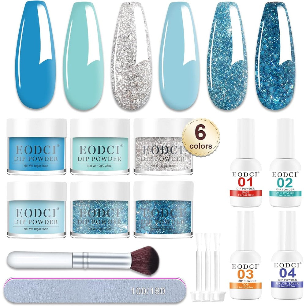 Eodci 6 color glitter blue snow dip powder nail kit with essential liquids