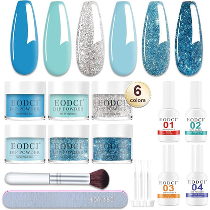 Eodci 6 color glitter blue snow dip powder nail kit with essential liquids