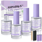 Saviland dip powder liquid set front view with purple accent bottles