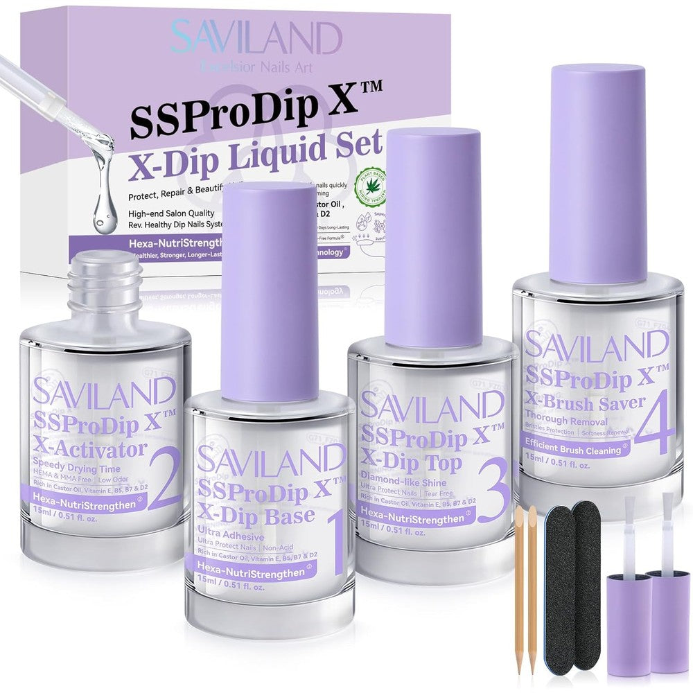 Saviland Dip Powder Liquid Set front view showing base top activator and brush saver bottles