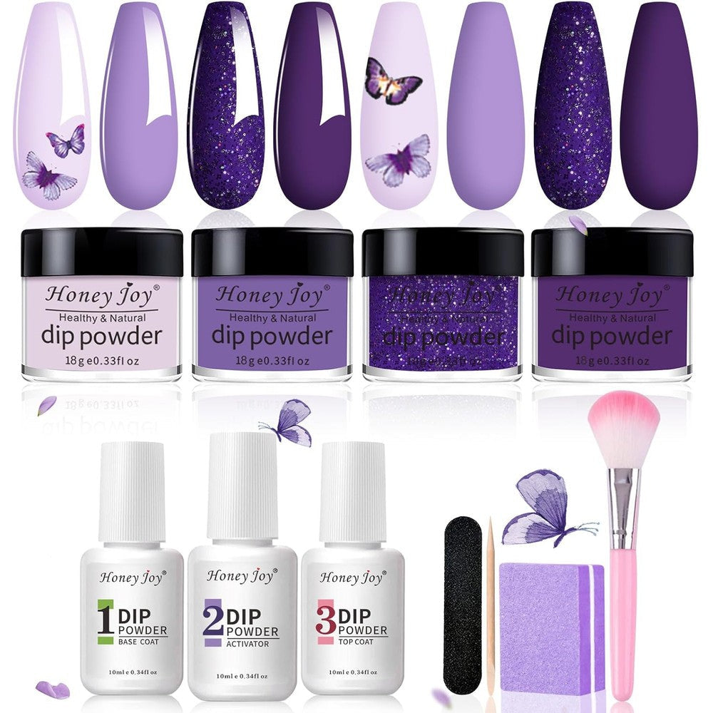 Honey Joy dip powder nail kit with 4 purple and blue acrylic colors