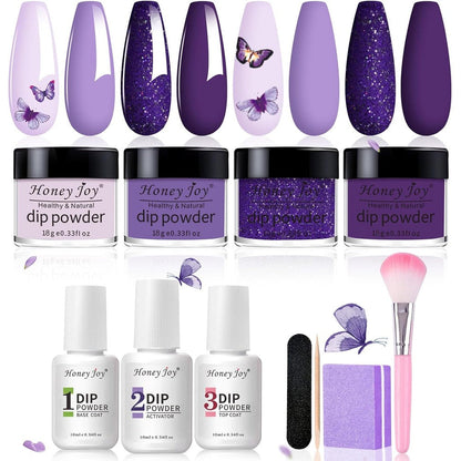 Honey Joy dip powder nail kit with 4 purple and blue acrylic colors
