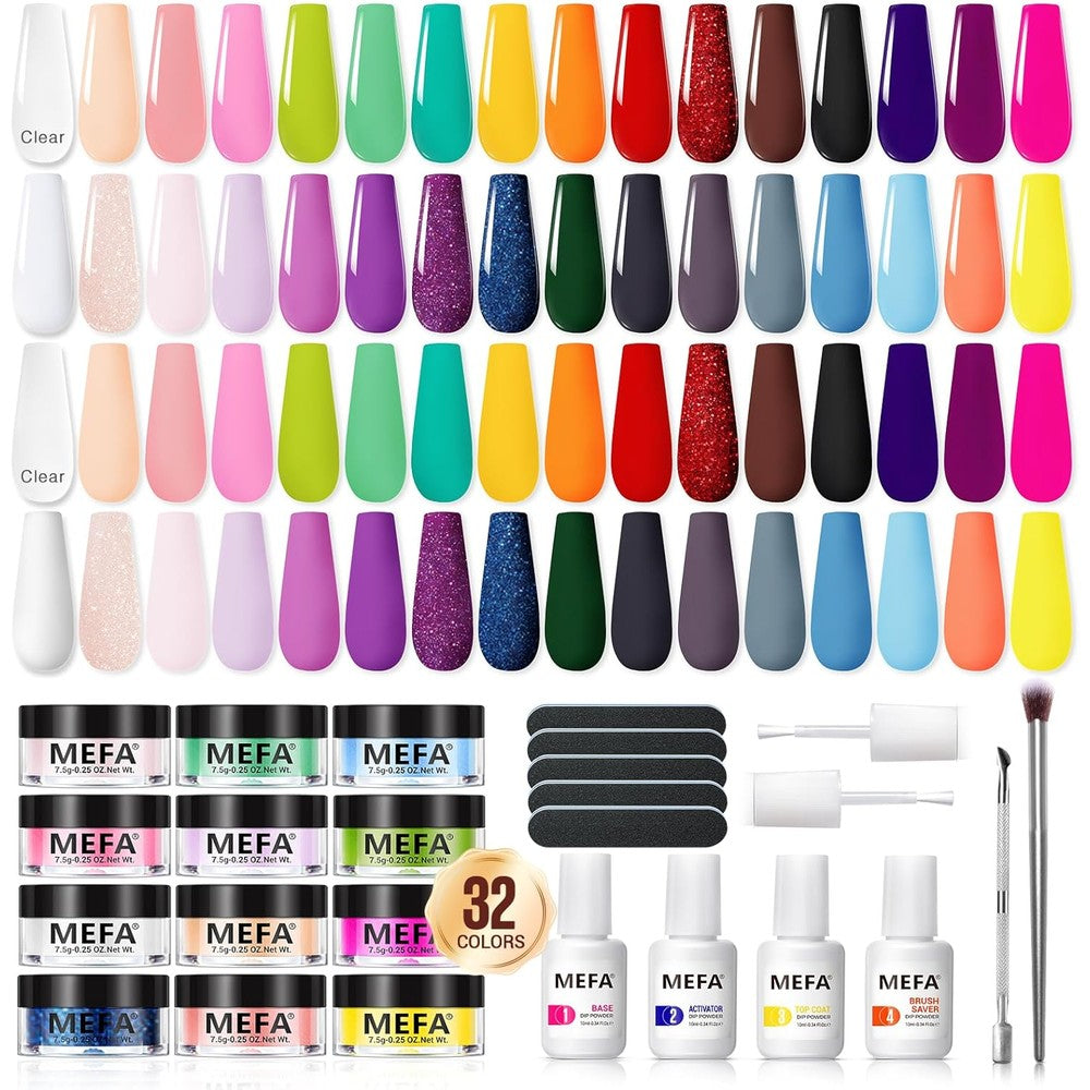 MEFA dip powder nail kit with 32 neon and pastel colors for summer art