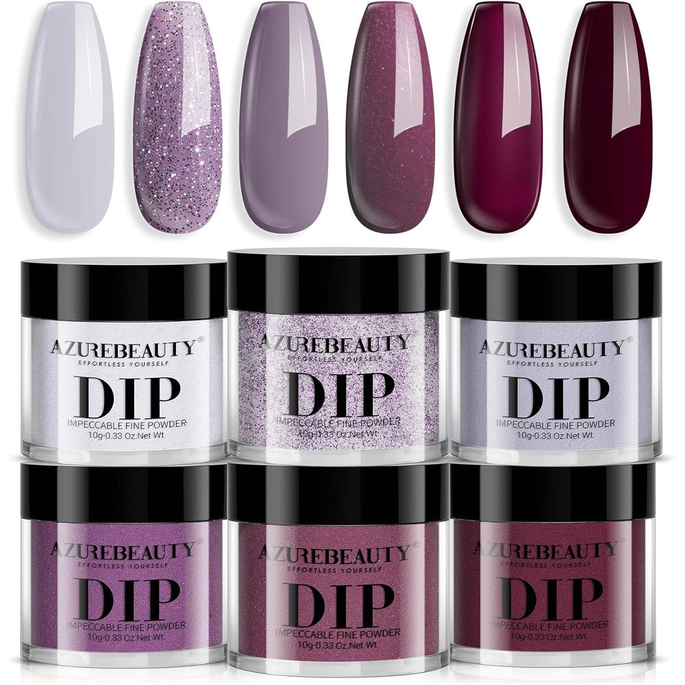 AzureBeauty dip powder nail set with 6 purple and rose red glitter colors