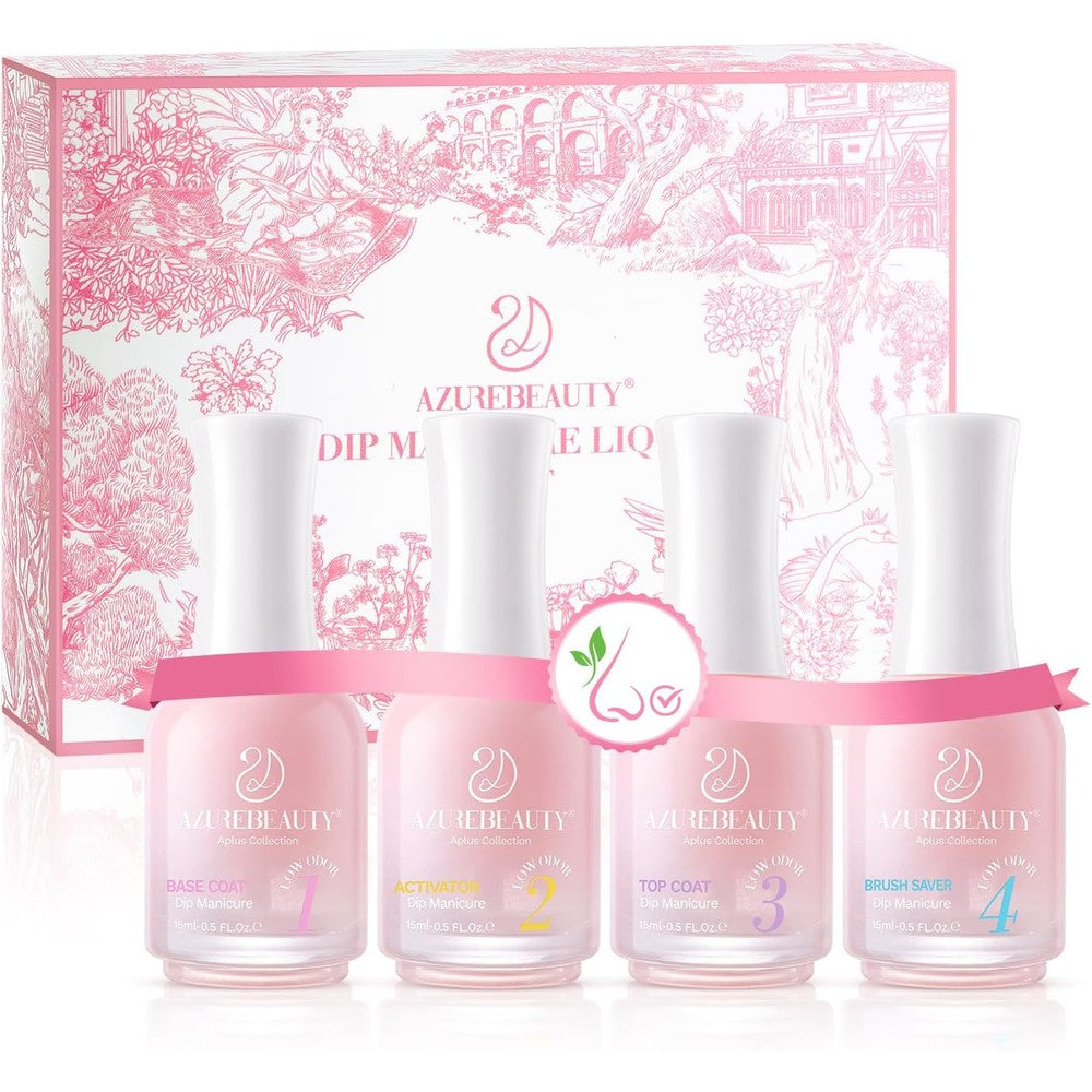 AZUREBEAUTY Dip Powder Liquid Set front view of four essential fifteen milliliter bottles on a white background for professional salon manicures.