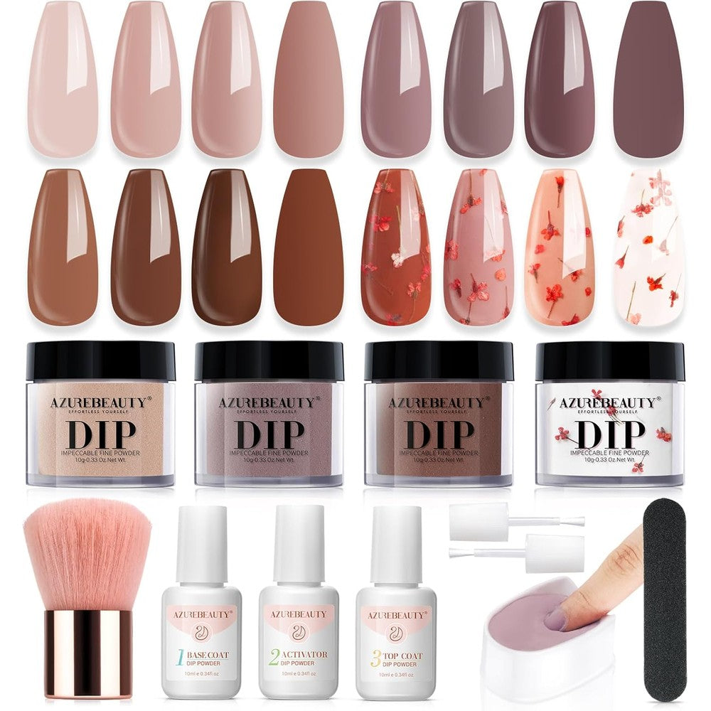 AZUREBEAUTY 4 Colors Dip Powder Nail Kit front view showcasing packaging and individual liquid bottles.
