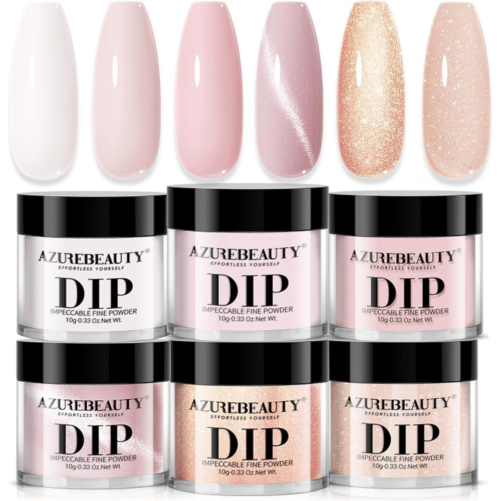 AzureBeauty dip powder nail set with 6 nude pink and cat eye glitter colors