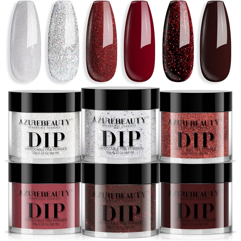 AZUREBEAUTY dip powder set with 6 burgundy and red glitter colors