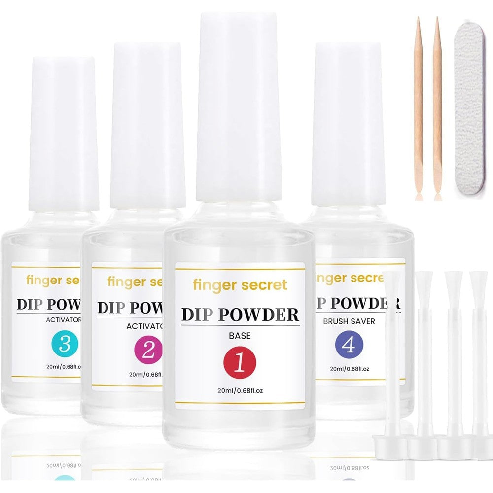 AZUREBEAUTY Dip Powder Liquids 4 Piece Set front view showing base coat top coat activator and brush saver bottles for DIY manicure