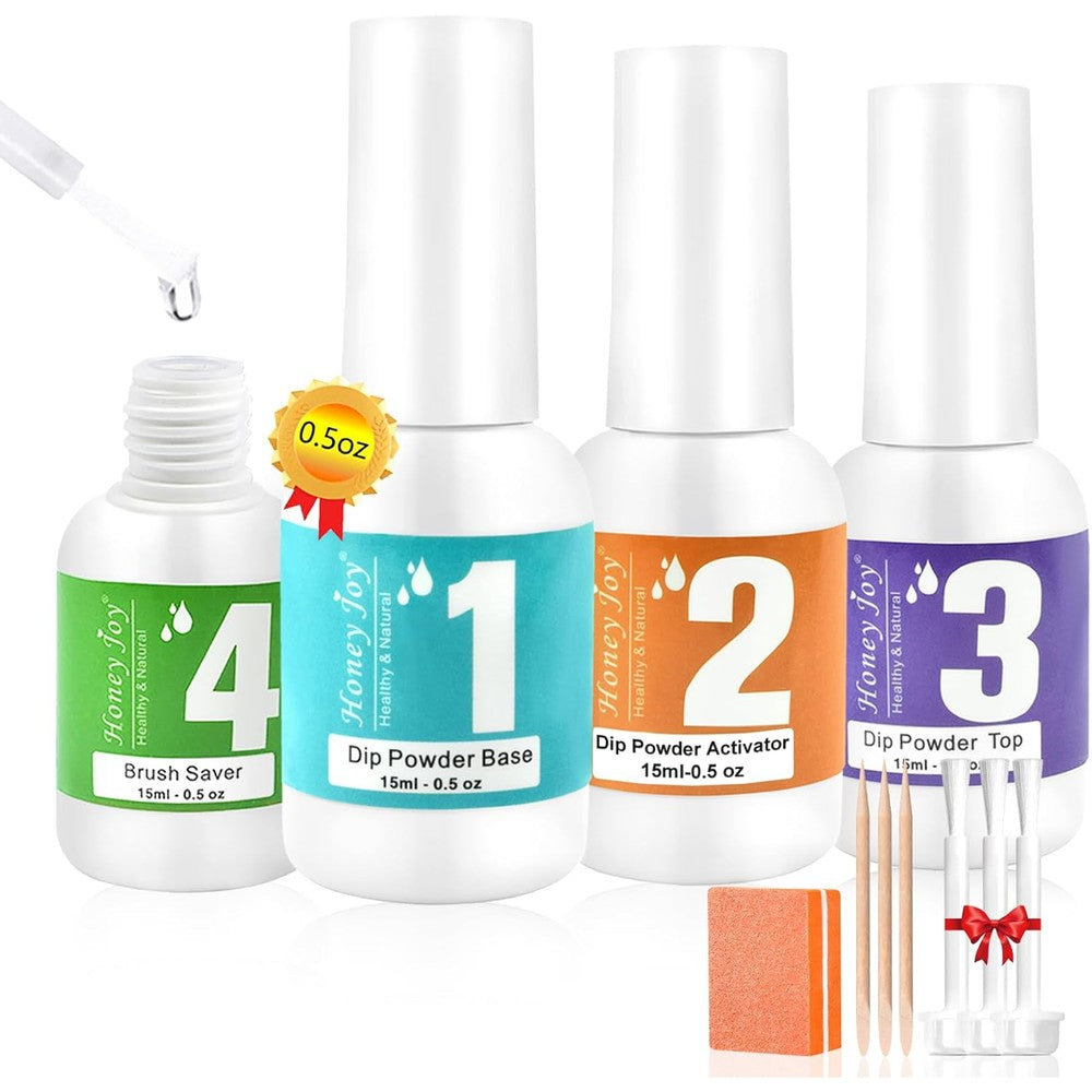 Honey Joy dip powder liquid set with activator base and top coat bottles