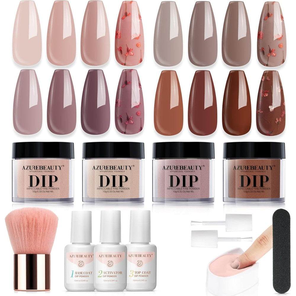 AZUREBEAUTY Dip Powder Nail Kit front view packaging showing four color jars and liquid bottles.