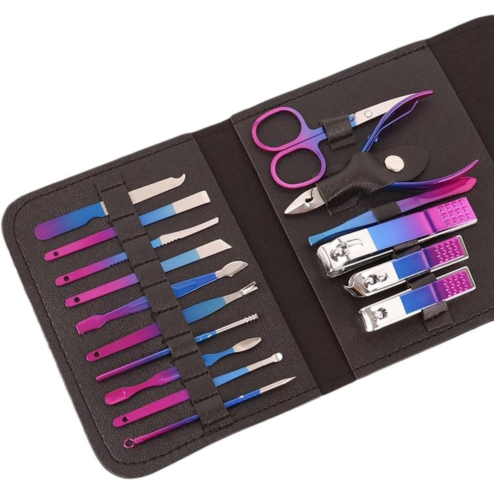 ZSLBMD 16 piece nail clipper set open front view showing gradient stainless steel tools inside the case