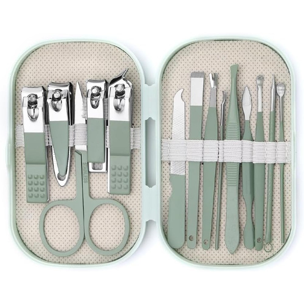 Axury modern fourteen piece stainless steel manicure kit front view displaying neatly organized tools in a green case.