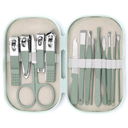 Axury modern fourteen piece stainless steel manicure kit front view displaying neatly organized tools in a green case.