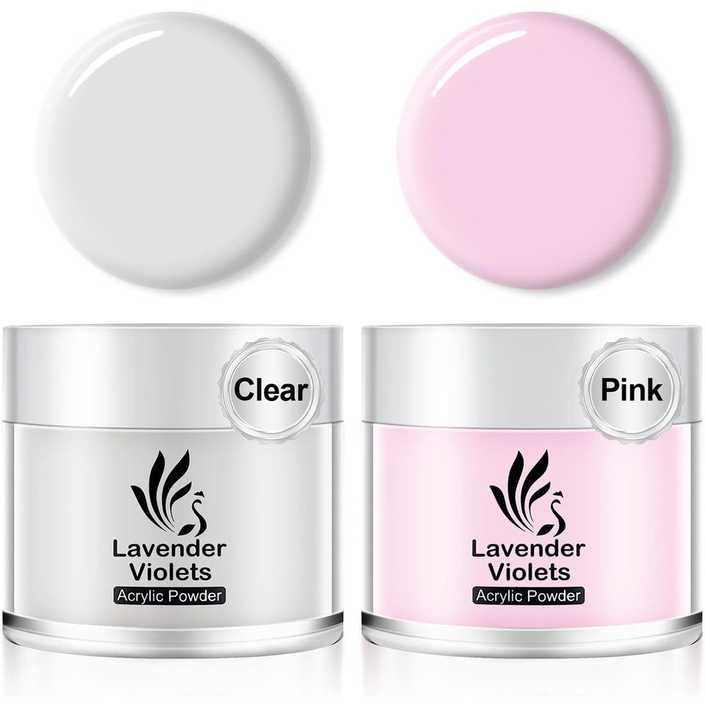 Lavender Violets clear and pink acrylic dip powder set jars showing authentic packaging front view