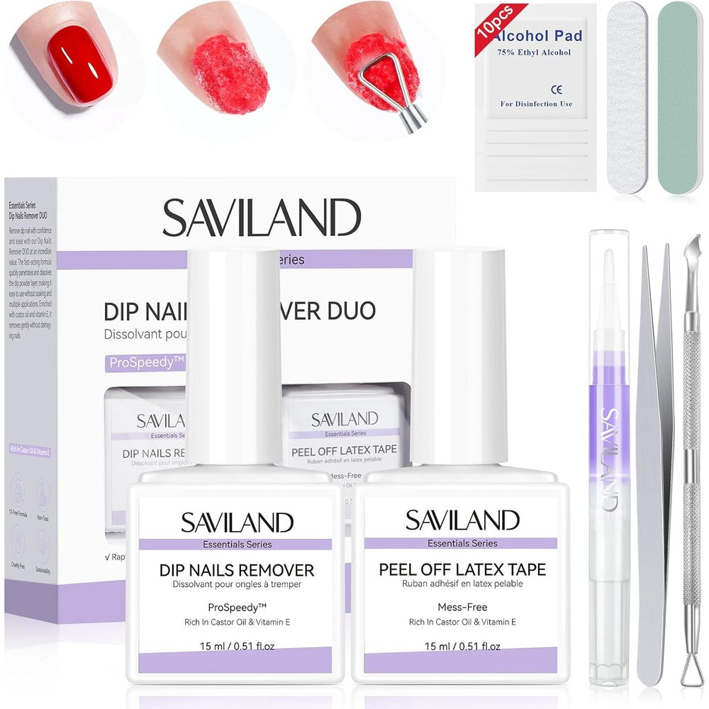 Saviland Essentials Dip Powder Remover Kit front view showing the remover bottle and liquid latex tape.