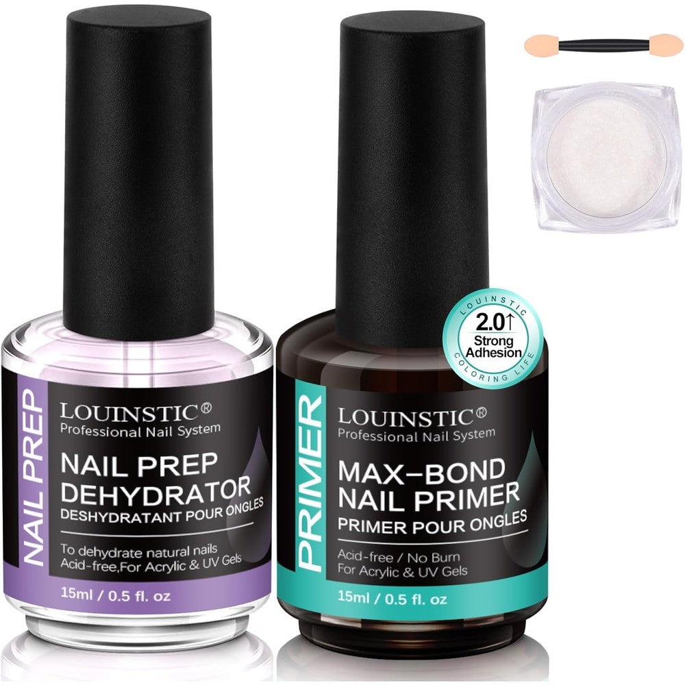 LOUINSTIC nail dehydrator and acid free primer kit front view showing two bottles chrome powder and application tool